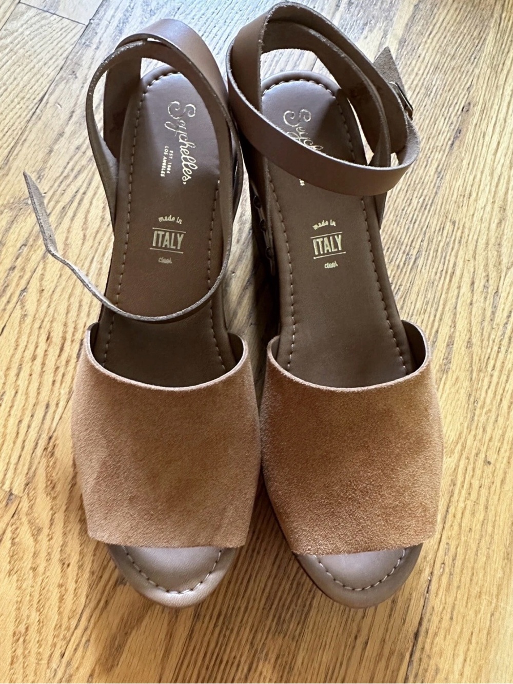 Seychelles Tan Suede Wedge Sandals with Ankle Strap